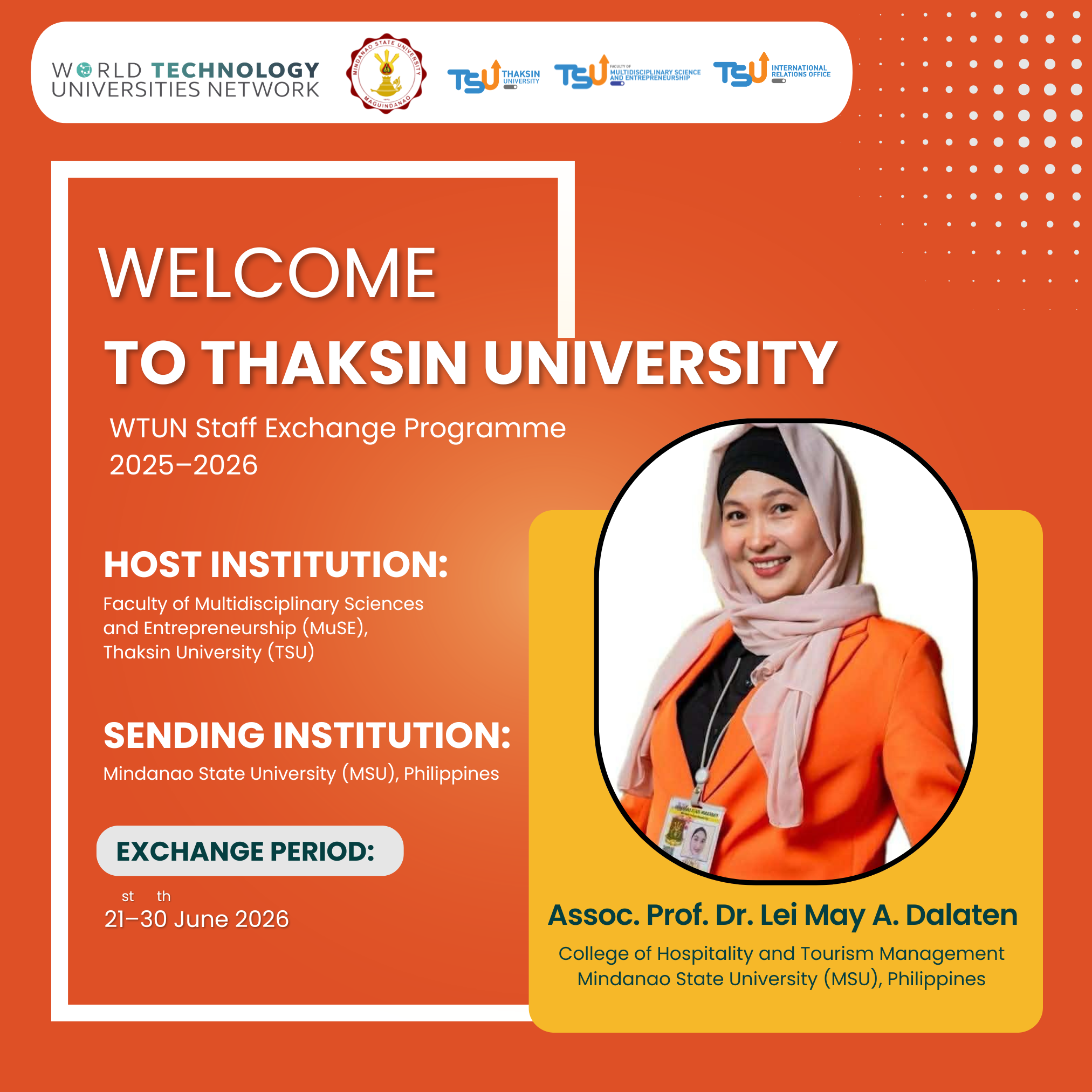 Thaksin University Welcomes Dr. Lei May A. Dalaten from Mindanao State University under the WTUN Exchange Programme 2025–2026