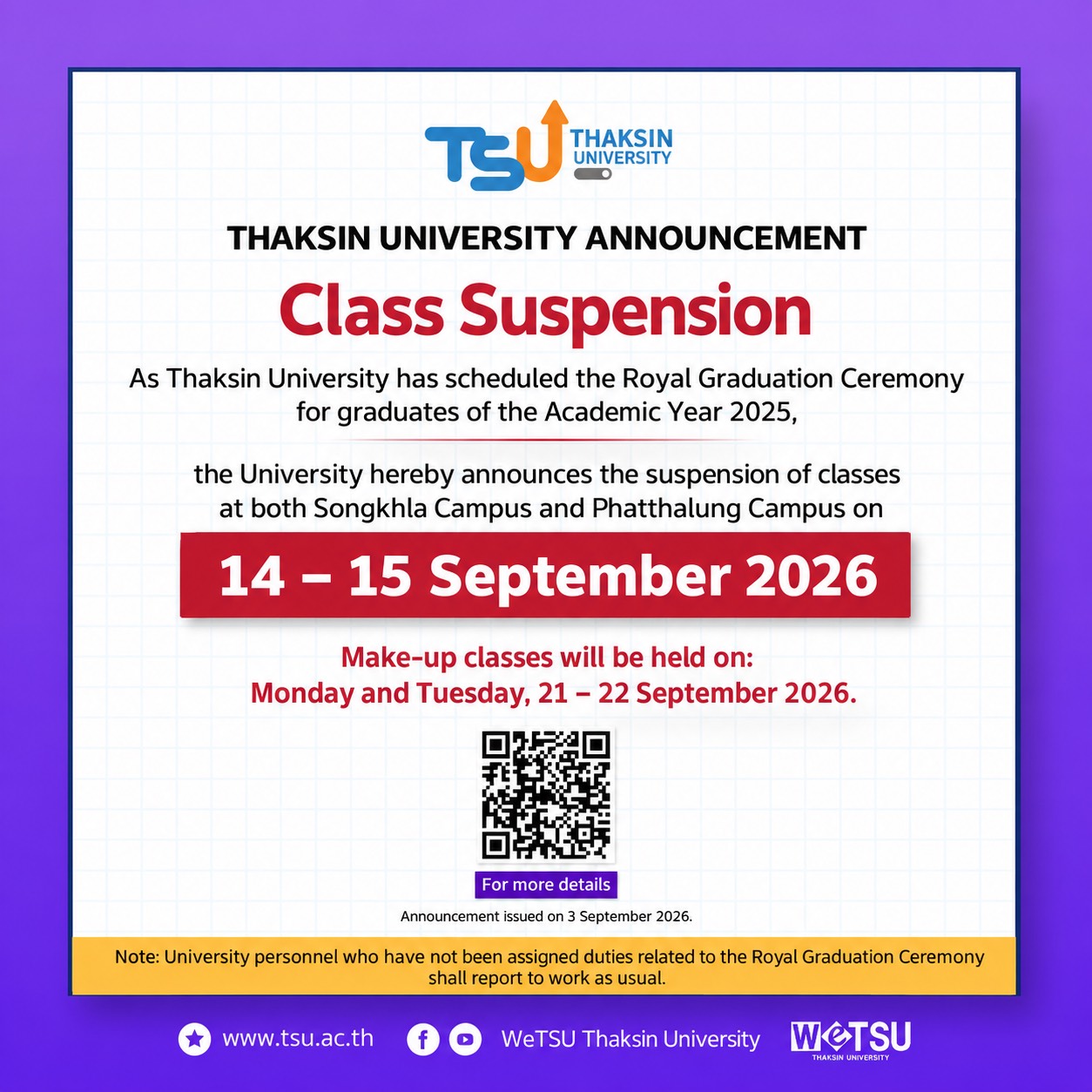 Thaksin University Announces Class Suspension on 14–15 September 2026